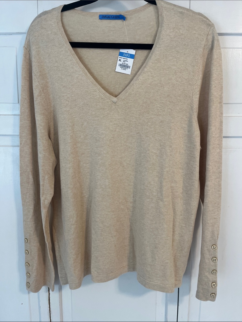J McLaughlin Marine Oatmeal Cotton Blend V Neck Sweater Size XL